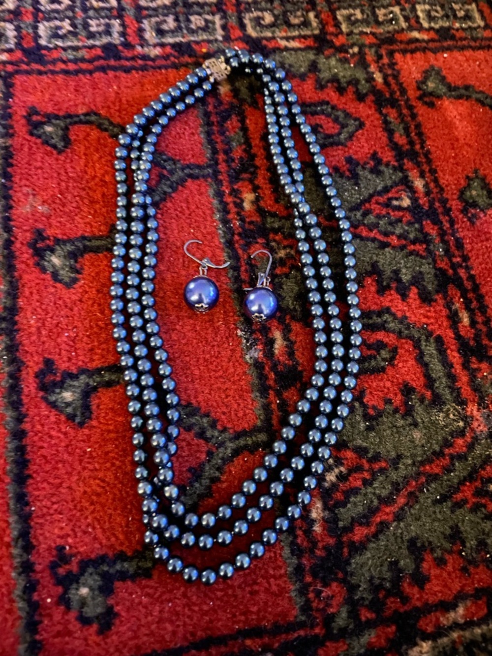 Vintage 1950s Blue Pearl Necklace and Earrings